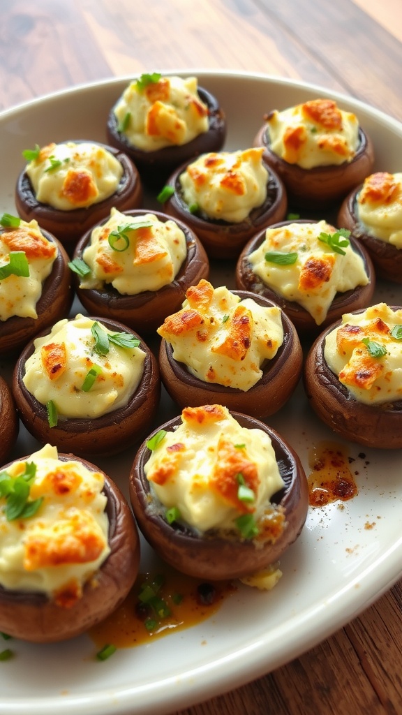 A close-up of baked stuffed mushrooms filled with cheese and herbs on a rustic platter.